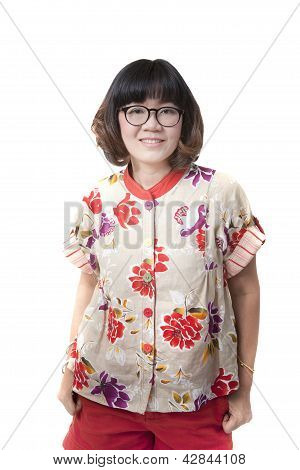 ปิดใบหน้าของหญิงเอเชียสวมใส่แว่นตาแยกต่างหากขาวสี่สิบปี