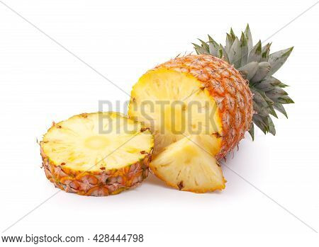 Pineapple Slices With Leaves. Pineapple Isolate. Cut Pineapple On White Background