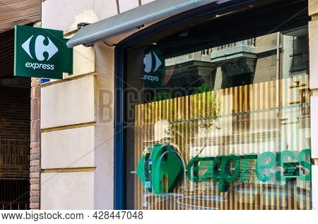 Madrid, Spain - July 23, 2021: Facade Of A Carrefour Express Supermarket In Madrid, Spain. Carrefour