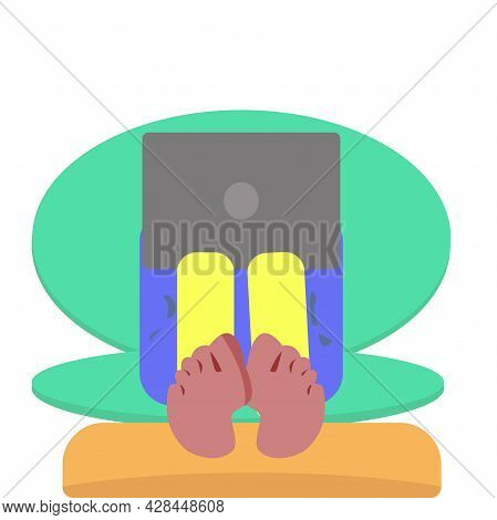 Vector. A Young Barefoot Guy Is Sitting With A Laptop On A Trendy Sofa. Entertainment On The Compute