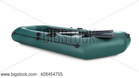 Inflatable Rubber Fishing Boat With Aluminium Oars Isolated On White