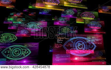 Cyber Eye And Big Brother Symbol On Computer Screens. Cyber Threat, Artificial Intelligence, Digital