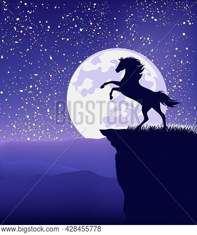 Wild Mustang Horse Rearing Up At Mountain Cliff Against Full Moon - Fairy Tale Stallion Silhouette A