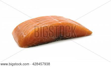A Piece Of Fresh Salmon On A White Background.
