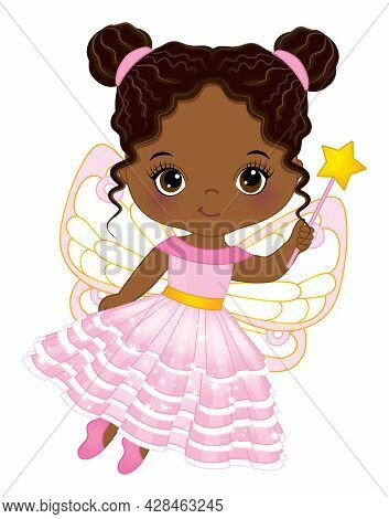 Cute Black Little Fairy Wearing Pink Dress Holding Magic Wand. Little Fairy Is With Two Buns. Africa