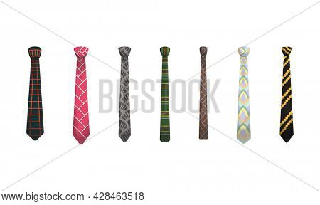Collection of ties. Men fashioned accessories. Clothes design element over isolated on white background. Fabric items for male wardrobe in elegant style