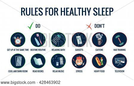 Infographics of healthy sleep tips. Useful advices for better sleep. Recommendation for night rest. Bedtime routine for good sleep