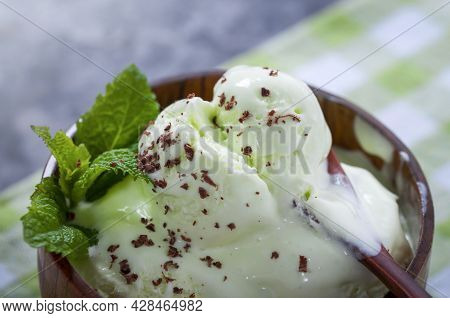 Cold Summer Dessert. Milk Ice Cream With Kiwi. Ice Cream Fruit.