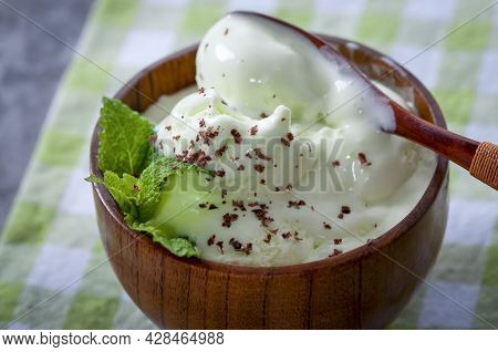 Cold Summer Dessert. Milk Ice Cream With Kiwi. Ice Cream Fruit.