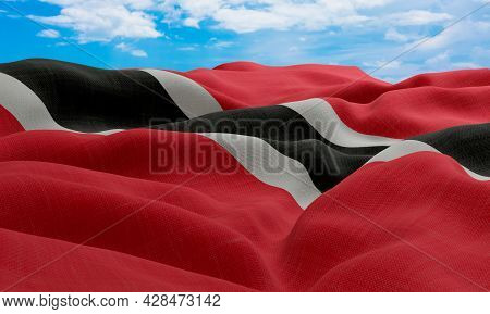 Trinidad And Tobago Flag In The Wind. Realistic And Wavy Fabric Flag. 3d Rendering.