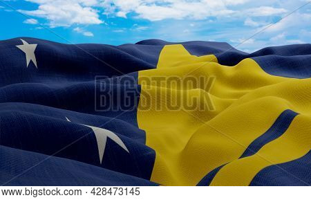 Tokelau Flag In The Wind. Realistic And Wavy Fabric Flag. 3d Rendering.