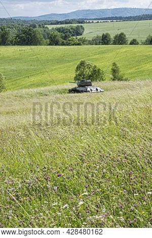 Historic Russian Tank T34 In The Death Valley, Near Kapisova Village, Slovak Republic. World War Ii 