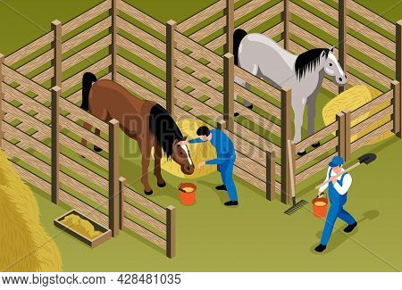 Horse Stable Isometric Background With Horses In Stall And Workers In Uniform Caring And Nursing For