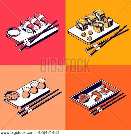 Asian Food 2x2 Design Concept Set Of Sushi Rolls Gedza Shrimp On Wooden Trays With Chopsticks Isomet