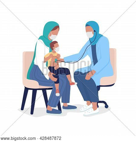 Mother And Toddler Visiting Pediatrician Semi Flat Color Vector Characters. Full Body People On Whit