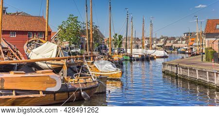 Panorama Of Traditional Wooden Ships In The Central Canal Of Spakenburg, Netherlands
