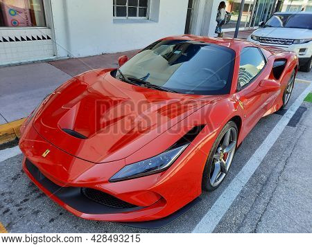 Los Angeles, California Usa - March 24, 2021: Red Ferrari F8 Tributo Luxury Car Top Corner View.