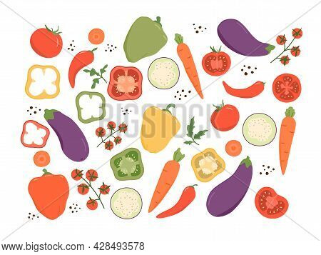Fresh Vegetable Set. Set Includes Tomatoes, Bell Peppers And Hot Peppers, Carrots, Eggplants. Farm V