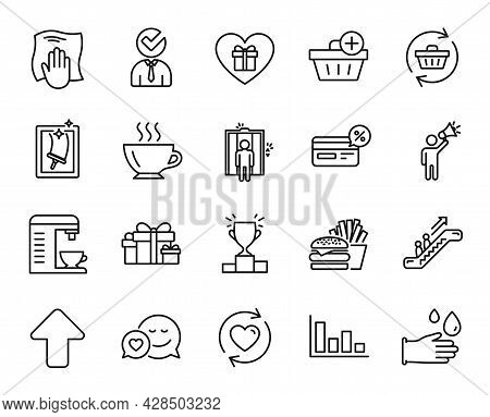 Vector Set Of Coffee, Add Purchase And Burger Line Icons Set. Escalator, Holiday Presents And Romant