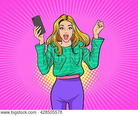 Girl With Phone In The Hand And Discription Hot. Woman With Smartphone. Digital Advertisement. Some 