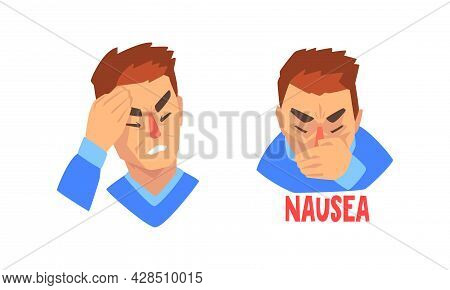Man Suffering From Severe Headache Holding Hand Against Forehead And Vomiting Vector Set
