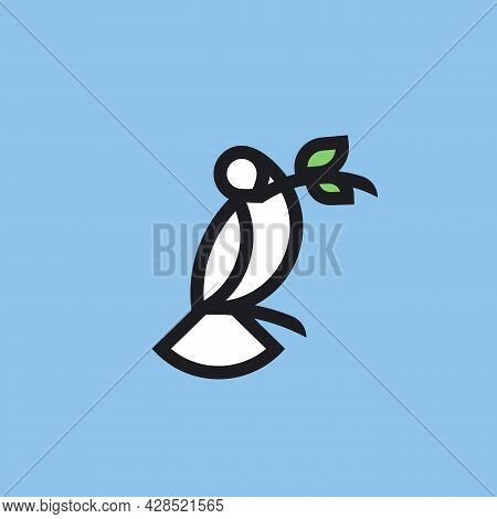 Peace Dove. Bold Line Style Logo Mark Template Or Icon Of White Pigeon With Olive Branch