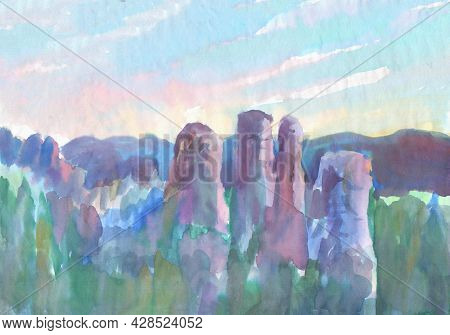 Watercolor Illustration With Ancient Mound And Stones On Light Blue Sky Background