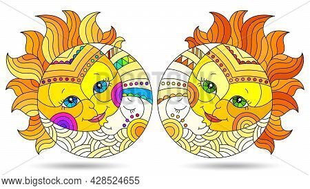 A Set Of Illustrations In The Style Of A Stained Glass Window With The Sun And Moon Isolated On A Wh
