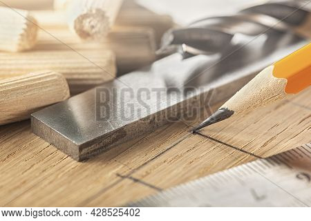 Pencil, Steel Ruler Drawing On Wooden Oak Board For Drilling Holes