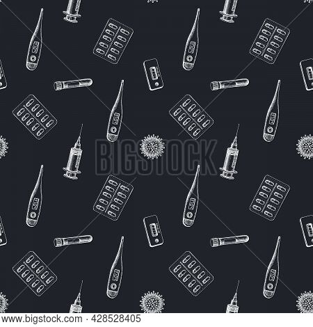 Seamless Pattern With Hand Drawn Chalk Vial Of Blood, Pills And Medicines, Medical Thermometer, Coro