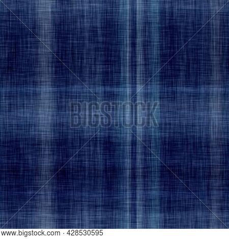 Classic Blue Woven Check Masculine Shirt Fabric Texture. Navy Space Dyed Marled Melange Background. 