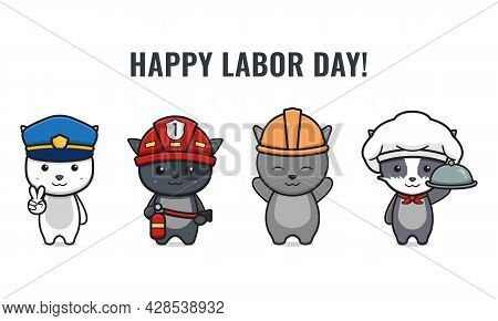 Set Of Cute Cat Celebrate Labor Day Cartoon Icon Vector Illustrationdesign Isolated On White. Flat C