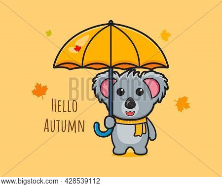 Koala Say Hello Autumn On Banner Card Cartoon Icon Vector Illustration. Design Isolated Flat Cartoon