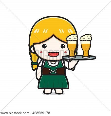 Cute Girl Celebrate Oktoberfest Cartoon Icon Illustration. Design Isolated Flat Cartoon Style