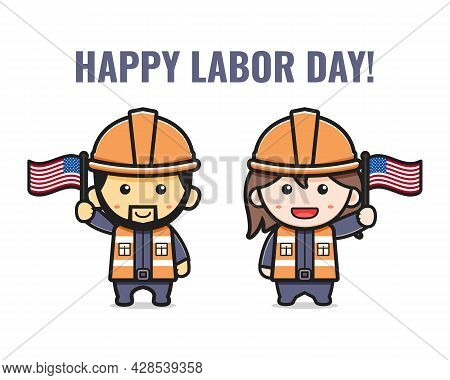 Cute Miner Celebrate Labor Day Cartoon Illustration. Design Isolated Flat Cartoon Style