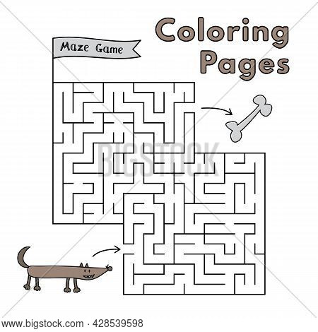 Cartoon Wolf Maze Game For Small Children. Vector Illustration For Kids Education