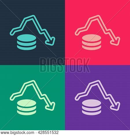Pop Art Dollar Rate Decrease Icon Isolated On Color Background. Cost Reduction. Money Symbol With Do