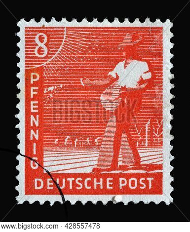 ZAGREB, CROATIA - SEPTEMBER 05, 2014: Stamp printed in Germany, American-British-Soviet Occupation (Trizone) shows Sower, circa 1947