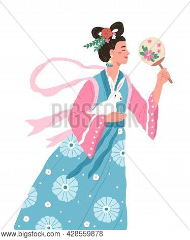 Change, Asian Moon Goddess Of Mid-autumn Festival. Chinese Fairy Woman With Rabbit And Flowers. Fair