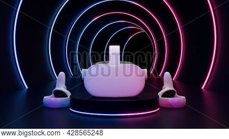 Virtual Reality Helmet With Controllers, Vr Gaming, Neon Light In The Background