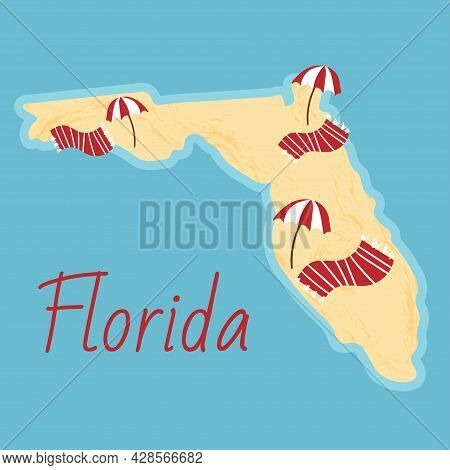 Simple Border Map On Florida - Sothern State On Usa. Land With Textured Background And Orange Letter