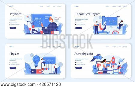 Physicist Web Banner Or Landing Page Set. Scientist Explore Electricity