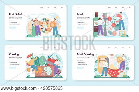 Fresh Salad Web Banner Or Landing Page Set. Peopple Cooking Organic