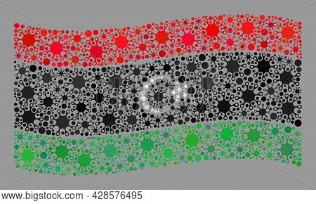 Waving Mosaic Libya Flag Designed Of Cell Icons. Libya Flag Collage Is Created Of Randomized Covid P