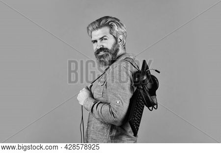 Inspiration For Blogging. Happy Gamer Playing Computer Game. Digital Music Creation. Man Listen Head