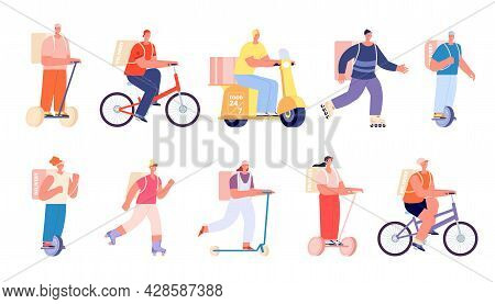 Smart Food Delivery. Courier On Bike, Man Woman Working In Shipping. Online Logistic Service Charact