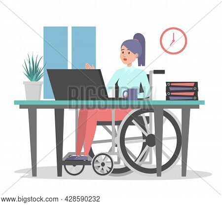 Woman In Wheechair Working In Office, Sitting At The Desk Vector Isolated. Illustration Of A Disable