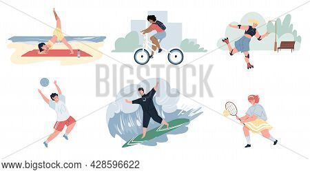 Set Of Flat Cartoon Characters Doing Sport Activities Outdoor At Summer-yoga, Bicycle Riding, Roller