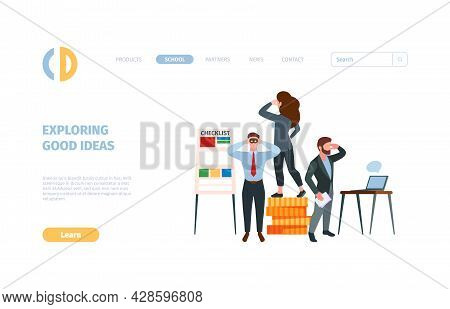Business Landing. Businessman Watching In Telescope Outdoor Exploration Processes Garish Vector Web 