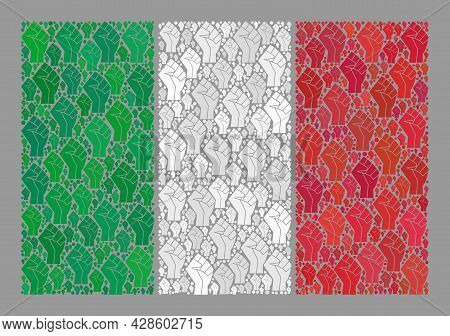 Mosaic Rectangle Italy Flag Designed Of Protest Items. Fight Fist Vector Mosaic Italy Flag Designed 